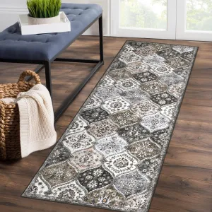 Runner Rug 2x6 Washable Non-Slip Moroccan Floral Faux Wool Ultra-Thin Rug for Kitchen, Hallway, Living Room