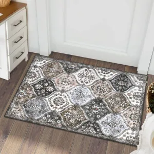 Moroccan Trellis Area Rug, 2x3 Entry Rug Non-Slip Washable Indoor Door Mat, Small Oriental Accent Soft Throw Rugs for Bedroom Kitchen Entryway Bathroom Bedroom 2'x3' Grey/Brown