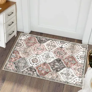 Washable 2x3 Non-Slip Bohemian Rug - Soft Faux Wool, Low Pile, Pet-Friendly, TPR Backing, Machine Washable, Entryway/Living Room