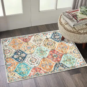 Area Rug 2x3 Non-Slip Washable Faux Wool Soft Low-Pile Floral Pattern Stain-Resistant Entryway, Kitchen, Living Room