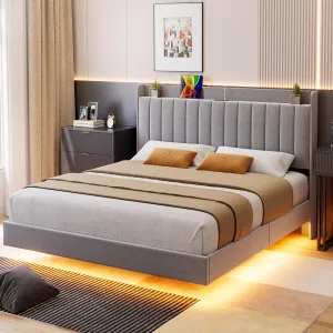 Full Floating Bed Frame with Charging Station & Storage Headboard, Upholstered Platform Full Size Bed Frame with LED Lights, Solid Wood Slats, Gray