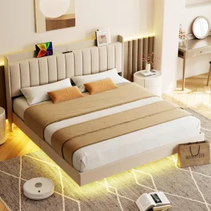 Queen Size Floating Bed Frame with LED Light,Modern Metal Platform Bed Frame with Charging Station,Upholstered Bed Frame with Headboard,No Box Spring Needed,Beige