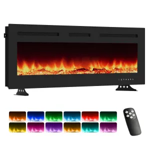 50 in Electric Fireplace Insert Ultra Narrow Frame 1500/750W Heater 12 Flame Colors Remote Timer Touch Screen Wall Mounted Living Room