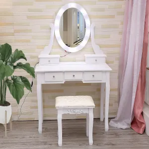 Girls Vanity Desk with Mirror and Lights, Makeup Dressing Table with with Lighted Mirror and Stool,Modern Bedroom Dressing Table with 5 Large Drawers for Kids Women Girls,White