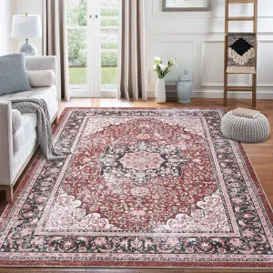 9x12 Area Rug Large Machine Washable Area Rug Vintage Distressed Accent Rug Traditional Medallion Floral Floor Cover Stain Resistant Non-Slip Carpet Rug for Living Room Decor, Brick Red