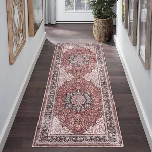 Runner Rug Vintage Hallway Runner Entryway Rug, Washable Stain Resistant Non-Slip Accent Rug Retro Distressed Nedallion Bedroom Rug Runner Entrance Carpet for Kitchen, Brick Red, 2' x 6'