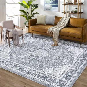 Vintage Area Rug 5x7 Machine Washable Floral Distressed Carpet Rug Retro Medallion Stain Resistant Non-Slip Accent Rug Coffee Table Rug Farmhouse Dining Office Bedroom Decor, Grey