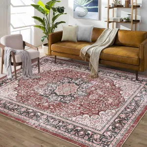 Vintage Area Rug 5x7 Machine Washable Floral Distressed Carpet Rug Retro Medallion Stain Resistant Non-Slip Accent Rug Coffee Table Rug Farmhouse Dining Office Bedroom Decor, Brick Red