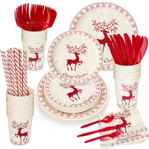 215 Pcs Christmas Plates and Napkins Set Serve 25, Christmas Elk Disposable Tableware Set, Christmas Decorations Includes Plates, Cups, Napkins, Christmas Tableware