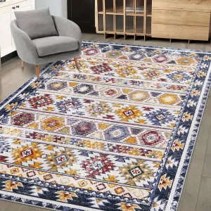 Large Living Room Area Rug 9x12 Washable Rug Boho Distressed Rug Stain Resistant Non-Slip Large Floor Cover Indoor Moroccan Accentt Carpet for Bedroom Home Office, Blue