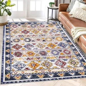 Living Room Rug 5x7 Bohemian Area Rugs for Bedroom Dining Room Low Pile Washable Rugs for Office Vintage Area Rugs South Western Farmhouse Carpet Non Slip Floor Cover Blue