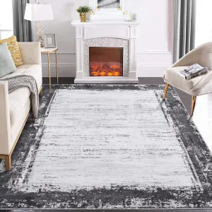 Large Rug 8x10 Modern Bordered Area Rug Washable Rug for Living Room Contemporary Border Print Accent Rug Non Slip Backing Throw Carpet Non-Shedding Floor Carpet for Bedroom Dining Office Grey