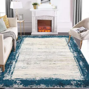 Washable Bordered Area Rugs 5x7 Non Slip Living Room Rug Modern Printed Bedroom Rug Indoor Contemporary Floor Carpet Non Shedding Throw Carpet for Nursery Dining Room Home Office Teal