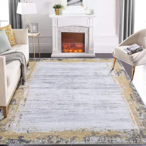 9x12 Area Rug Washable Rug Modern Bordered Living Room Rug Indoor Distressed Print Floor Cover Non Slip Throw Carpet Aesthetic Rug Foldable Thin Rug Accent Rug for Living Room Bedroom Yellow