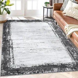 Living Room Rug Modern Area Rugs 6x9 Area Rugs Washable Area Rugs for Bedroom Office Dining Room Distressed Floor Cover Vintage Border Area Rugs Grey Abstract Rug Low Pile Carpet