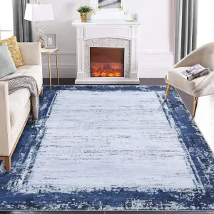 Large Rug 8x10 Modern Bordered Area Rug Washable Rug for Living Room Contemporary Border Print Accent Rug Non Slip Backing Throw Carpet Non-Shedding Floor Carpet for Bedroom Dining Office Navy