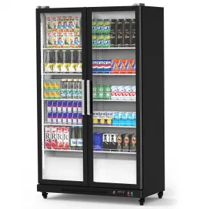 Commercial Display Refrigerator Merchandiser 27.1 Cu.Ft (760L)Double Anti-Fog Glass Doors, Adjustable Shelves, Precise Temp Control, Energy Efficient – Ideal for Store, Bar, Gym (Black)