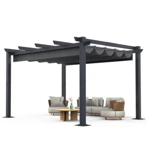 10x13ft Aluminum Pergola with Retractable UV Canopy - Upgraded Oxford Fabric & Durable Frame for Backyard, Garden, Deck (Grey)