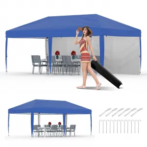 10x20 Pop Up Canopy with 2 Sidewalls - Heavy Duty Outdoor Canopy Tent with Portable Roller Bag - 3 Adjustable Height, 4 Weight Bags, 8 Stakes & 6 Guy Ropes Included, Blue