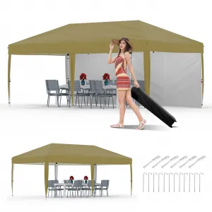 10x20 Pop Up Canopy with 2 Sidewalls - Heavy Duty Outdoor Canopy Tent with Portable Roller Bag - 3 Adjustable Height, 4 Weight Bags, 8 Stakes & 6 Guy Ropes Included, Khaki