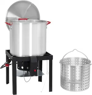 80Qt Crawfish Boiler with Steam & Boil Basket, Strainer - 110,000 BTU Propane Jet Burner, Support Rack, Lifting Hook & 0-10 PSI Regulator