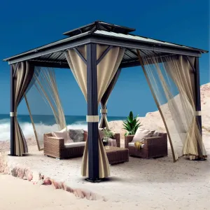 12'x12' Hardtop Gazebo for All Weather, with Double Metal Roof, Aluminum Alloy Frame, Net, and Curtain, Permanent Building for Patio, Deck, Backyard, Lawn, and Garden, Khaki