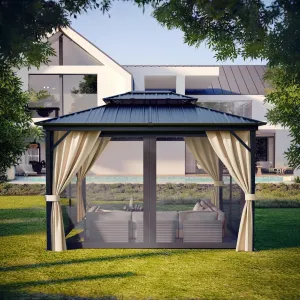 Hardtop Gazebo 12 ft x14 ft for All Weather, with Double Metal Roof, Aluminum Alloy Frame, Net, and Curtain, Permanent Building for Patio, Deck, Backyard, Lawn, and Garden, Khaki