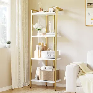 4 Tier Ladder Shelf Gold Metal Frame Marble Finish MDF Board Adjustable Legs for Living Room, Home Office, Kitchen