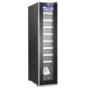 Wine Fridge, Wine Cooler Refrigerator with 41~64°F Digital Temperature Control, Wine Refrigerator Freestanding for Red White Wine, Champagne, Beer with Blue Interior Light - 18 Bottles with wooden shelves