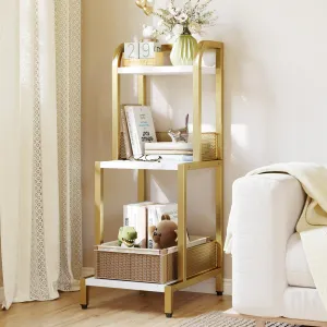 Gold Bookshelf, 3 Tier Bookcase, Small Spaces, Modern Shelf, Metal Frame, Marble-Grained Board, Adjustable Feet, Bedroom Living Room Office
