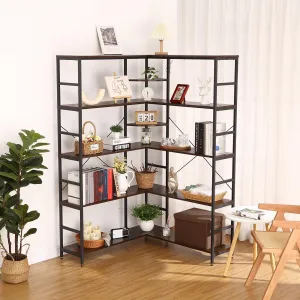 5 Tiers Corner Bookshelf, L Shaped Bookcase Shelf,Corner Shelf with Metal Frame for Open Storage for Living Room Home Office