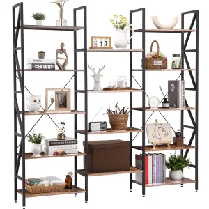Triple Wide 5 Tier Book Shelf + Industrial Bookcases + Open Display Shelves + Metal Frame + Adjustable Feet + Living Room, Bedroom, Home Office