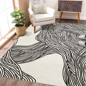 Modern Black & White 5x7 Striped Area Rug, Curve Design Low Pile Carpet for Living Room Bedroom Office