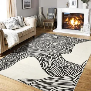 Modern Black & White 9x12 Striped Area Rug, Curve Design Low Pile Carpet for Living Room Bedroom Office