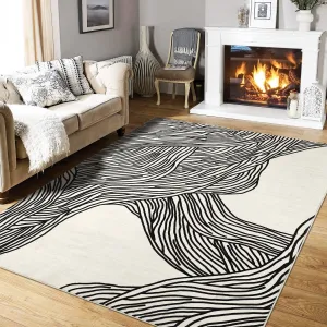 Modern Black & White 10x13 Abstract Area Rug, Minimalist Boho Washable Low Pile Non Slip TPR Backing Carpet for Living Room Bedroom Dining Office