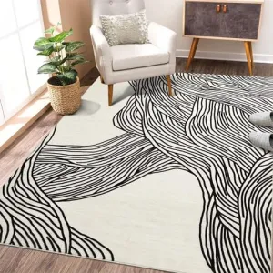 Modern Black & White 6x9 Striped Area Rug, Curve Design Low Pile Carpet for Living Room Bedroom Office