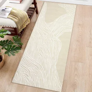 Modern Camel 2x6 Abstract Runner Rug, Boho Washable Faux Wool Non-Slip TPR Backing Carpet for Entryway Hallway Bedroom Laundry