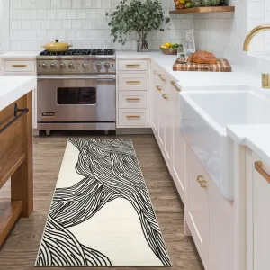 Modern Black & White 2x6 Entryway Runner, Curve Striped Low Pile Non Slip Washable Rug for Hallway Laundry Bedroom
