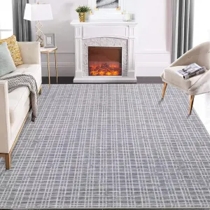 Washable Rug 8x10 Modern Checkered Area Rugs for Living Room Contemporary Plaid Print Accent Rug Non Slip Backing Throw Carpet Indoor Soft Lightweight Rug for Bedroom Dining Office Grey