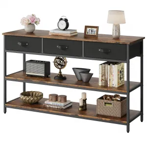 Entryway Table with 3 Drawers, 3 Tier Console Table with Storage Shelves, Industrial Display Shelf Sofa Table for Living Room, Couch, Hallway, Foyer-Rustic Brown