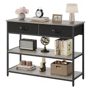 Entryway Table with 2 Drawers, 3 Tier Console Table with Storage Shelves, Industrial Display Shelf Sofa Table for Living Room, Couch, Hallway, Foyer-Grey