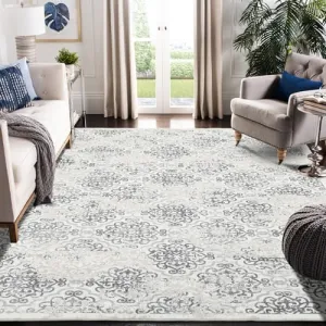 9x12ft Area Rug for Living Room/Bedroom, Low-Pile, Non-Slip, Washable, Polypropylene, Vintage Ethnic Style, Gray, Kids & Pets Safe