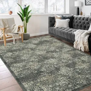 Large Throw Rugs for Living Room 10x13, Vintage Washable Rugs for Bedroom Non Slip Entryway Rugs, Moroccan Soft Rubber Backing Low Pile Printed Carpet for Bedside Kitchen, Olive Green