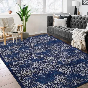 Large Throw Rugs for Living Room 10x13, Vintage Washable Rugs for Bedroom Non Slip Entryway Rugs, Moroccan Soft Rubber Backing Low Pile Printed Carpet for Bedside Kitchen, Blue