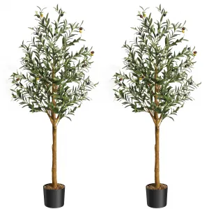 Artificial Olive Tree 5FT Tall Faux Silk with Natural Wood Trunk, Lifelike Fruits, Easy Assembly, Safe Materials, Home Decor