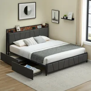 King Size Bed Frame with 2 Storage Drawers, Linen Upholstered Platform Bed Frame with Storage Headboard and Charging Station, Heavy Duty, Easy to Assemble, No Box Spring Needed, Grey