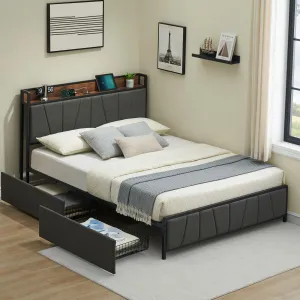 Full Size Bed Frame with 2 Storage Drawers, Linen Upholstered Platform Bed Frame with Storage Headboard and Charging Station, Heavy Duty, Easy to Assemble, No Box Spring Needed, Grey