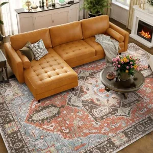 Washable Oriental Area Rug - 8x10 Rugs for Living Room Soft Carpet for Bedroom Boho Medallion Floral Distressed Non Slip Indoor Stain Resistant Non-Shedding Floor Carpets 8'x10' Orange