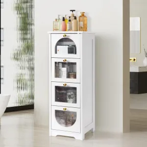 Small Bathroom Floor Cabinet, Freestanding Bathroom Organizer and Storage Cabinet with 4 Drawers, 33" Slim Wooden Storage Cabinet for Narrow Spaces Bedroom Living Room, White