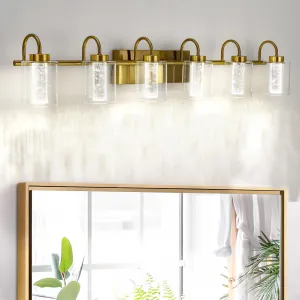 Bathroom Vanity Light Fixture - 6 Lights, Brushed Gold, Crystal Bubble Glass, Dimmable 3 Color Temps, Modern Wall Sconce for Bathroom, Hallway, Kitchen, Bedroom